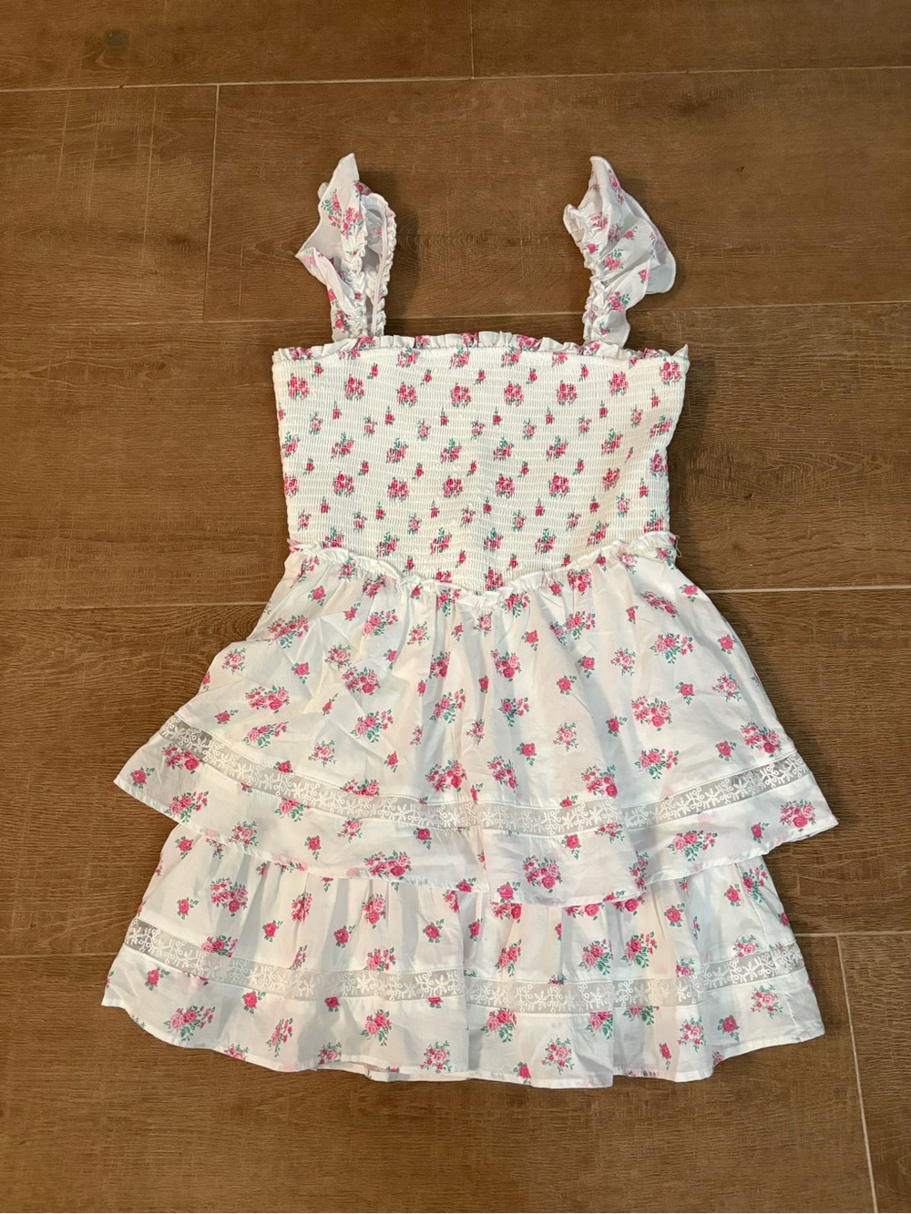 Altar'd State White Floral Smocked Tiered Sundress with Pink Roses